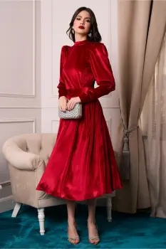 Rochie DY Fashion din catifea rosie cu umeri bufanti si curea in talie imagine