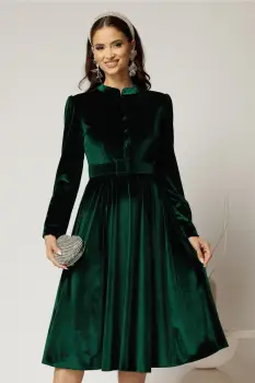 Rochie DY Fashion din catifea verde cu nasturi imbracati si curea in talie imagine
