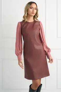 Rochie DY Fashion din piele ecologica burgundy cu maneci din voal roz imagine