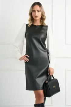 Rochie DY Fashion din piele ecologica neagra cu maneci din voal albe imagine