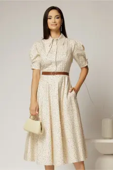 Rochie DY Fashion din poplin bej cu buline cu guler dublu si nasture la guler imagine