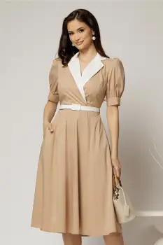 Rochie DY Fashion din poplin bej cu guler in contrast si curea in talie imagine