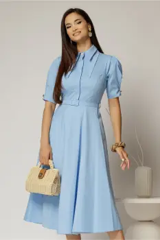 Rochie DY Fashion din poplin bleu cu guler dublu si nasture la guler imagine