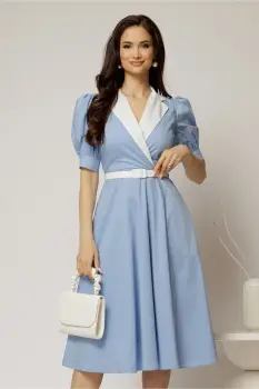 Rochie DY Fashion din poplin bleu cu guler in contrast si curea in talie imagine