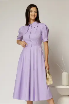 Rochie DY Fashion din poplin lila cu guler dublu si nasture la guler imagine