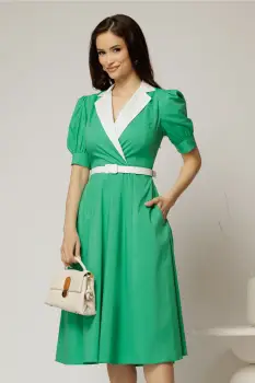 Rochie DY Fashion din poplin verde cu guler in contrast si curea in talie imagine