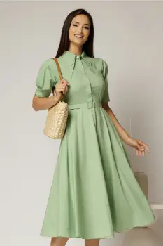 Rochie DY Fashion din poplin verde fistic cu guler dublu si nasture la guler imagine