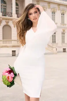 Rochie DY Fashion din stofa alba cu maneci ample din voal imagine
