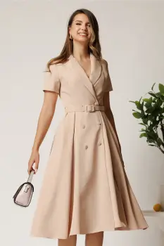 Rochie DY Fashion din stofa bej cu nasturi si curea in talie imagine