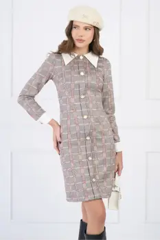 Rochie DY Fashion din stofa catifelata gri cu guler si mansete albe imagine