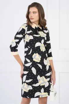 Rochie DY Fashion din stofa neagra cu imprimeu si guler ivory imagine