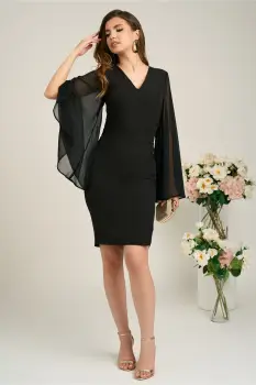 Rochie DY Fashion din stofa neagra cu maneci ample din voal imagine