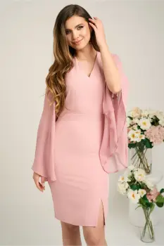 Rochie DY Fashion din stofa roz cu maneci ample din voal imagine