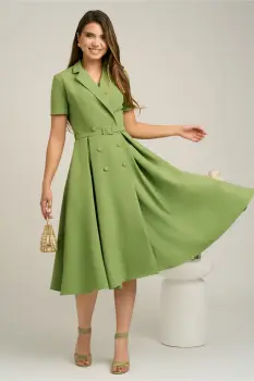 Rochie DY Fashion din stofa verde cu nasturi si curea in talie imagine