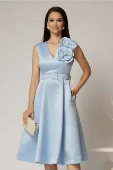 Rochie DY Fashion din tafta bleu cu floare ampla cu perla pe umar imagine