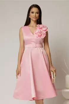 Rochie DY Fashion din tafta roz cu floare ampla cu perla pe umar imagine