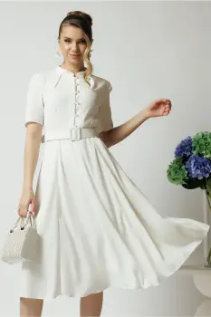 Rochie DY Fashion din triplu voal alba cu nasturi la bust si curea in talie imagine