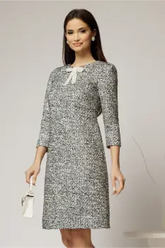 Rochie DY Fashion din tweed alb negru si croiul drept cambrat imagine