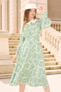 Rochie DY Fashion din viscoza alba cu imprimeuri verzi si funda la decolteu imagine