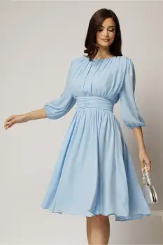 Rochie DY Fashion din voal bleu clos cu pliuri imagine