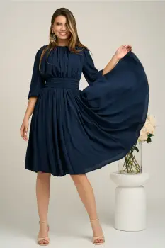 Rochie DY Fashion din voal bleumarin clos cu pliuri imagine