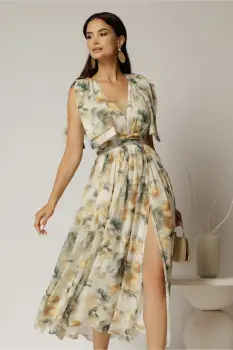 Rochie DY Fashion din voal creponat cu imprimeuri galbene si funde ample pe umeri imagine