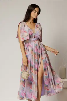 Rochie DY Fashion din voal creponat cu imprimeuri lila si funde ample pe umeri imagine