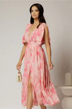 Rochie DY Fashion din voal creponat cu imprimeuri roz si funde ample pe umeri imagine