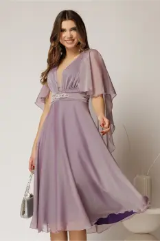 Rochie DY Fashion din voal lila in V capa si accesoriu in talie imagine