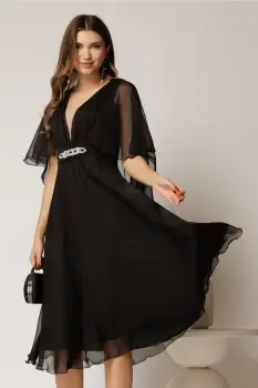 Rochie DY Fashion din voal negru in V capa si accesoriu in talie imagine