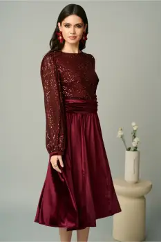 Rochie DY Fashion eleganta din catifea bordo cu bust din paiete imagine