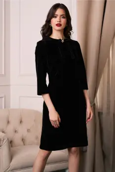 Rochie DY Fashion eleganta din catifea neagra cu funda si brosa la decolteu imagine