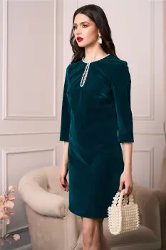 Rochie DY Fashion eleganta din catifea verde cu perle la bust imagine