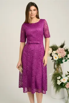 Rochie DY Fashion eleganta din dantela magenta cu maneci scurte si curea in talie imagine