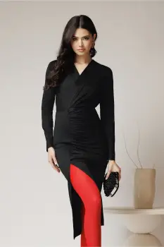 Rochie DY Fashion eleganta din lycra neagra cu fronseu pe fusta imagine