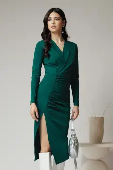 Rochie DY Fashion eleganta din lycra verde cu fronseu pe fusta imagine