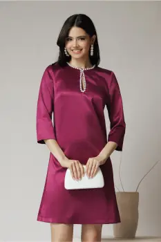 Rochie DY Fashion eleganta din satin magenta cu perle la bust imagine