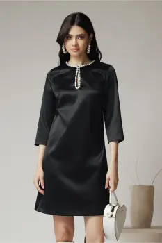 Rochie DY Fashion eleganta din satin neagra cu perle la bust imagine