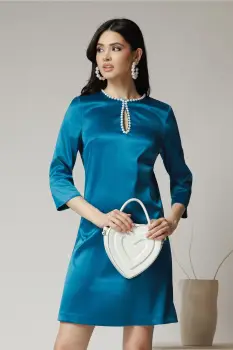 Rochie DY Fashion eleganta din satin turcoaz cu perle la bust imagine