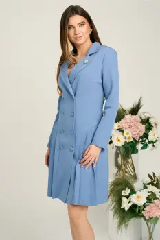 Rochie DY Fashion eleganta din stofa albastra tip sacou cu pliuri pe fusta imagine