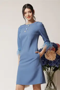 Rochie DY Fashion eleganta din stofa bleu cu nasturi la bust si pene la maneci imagine