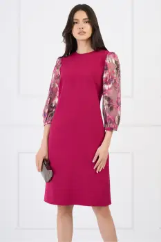 Rochie DY Fashion eleganta din stofa magenta cu maneci din voal cu print roz imagine