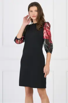 Rochie DY Fashion eleganta din stofa neagra cu maneci din voal cu print rosu imagine