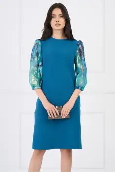 Rochie DY Fashion eleganta din stofa turcoaz cu maneci din voal cu print albastru imagine