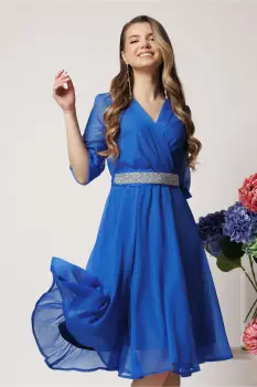 Rochie Dy Fashion eleganta din voal albastra cu fir stralucitor si cordon imagine