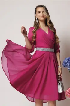 Rochie DY Fashion eleganta din voal fucsia cu fir stralucitor si cordon imagine