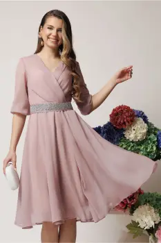 Rochie DY Fashion eleganta din voal roz prafuit cu fir stralucitor si cordon imagine