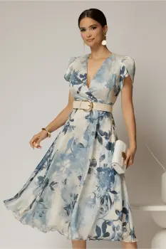 Rochie DY Fashion eleganta din voal satinat cu imprimeuri albastre imagine