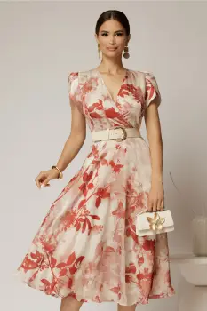 Rochie DY Fashion eleganta din voal satinat cu imprimeuri caramizii imagine