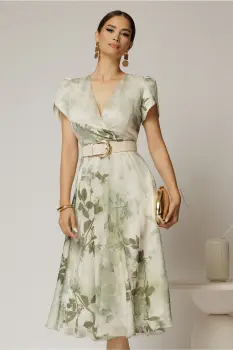 Rochie DY Fashion eleganta din voal satinat cu imprimeuri kaki imagine